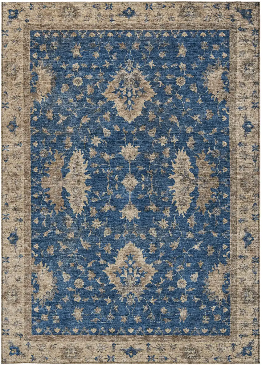 Navy Blue And Beige Floral Washable Indoor Outdoor Area Rug Photo 3