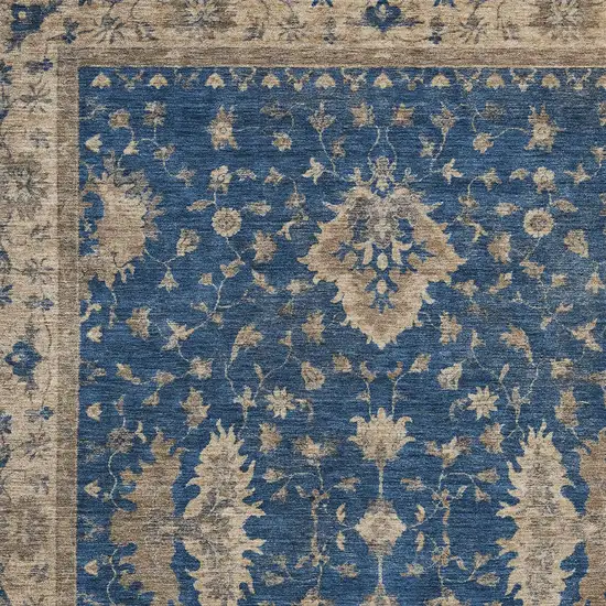 Navy Blue And Beige Floral Washable Indoor Outdoor Area Rug Photo 8