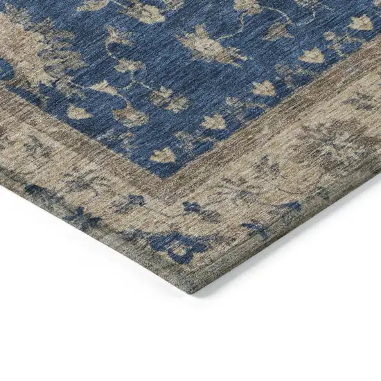 Navy Blue And Beige Floral Washable Indoor Outdoor Area Rug Photo 6