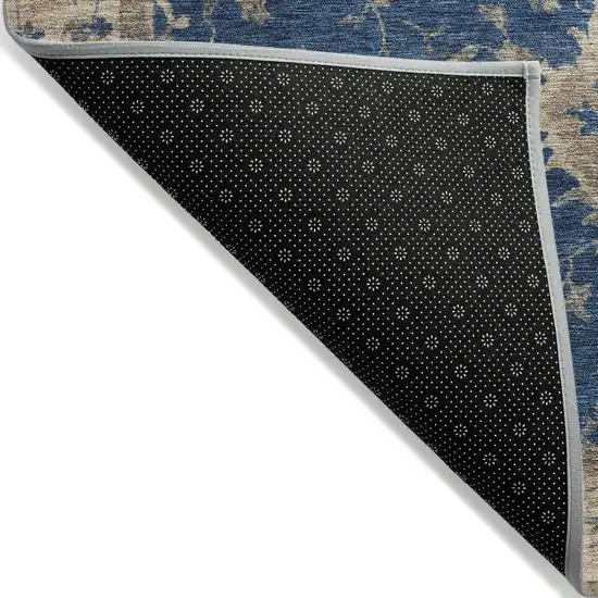 Navy Blue And Beige Floral Washable Indoor Outdoor Area Rug Photo 9