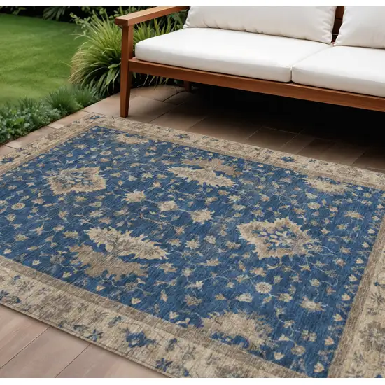 Navy Blue And Beige Floral Washable Indoor Outdoor Area Rug Photo 2