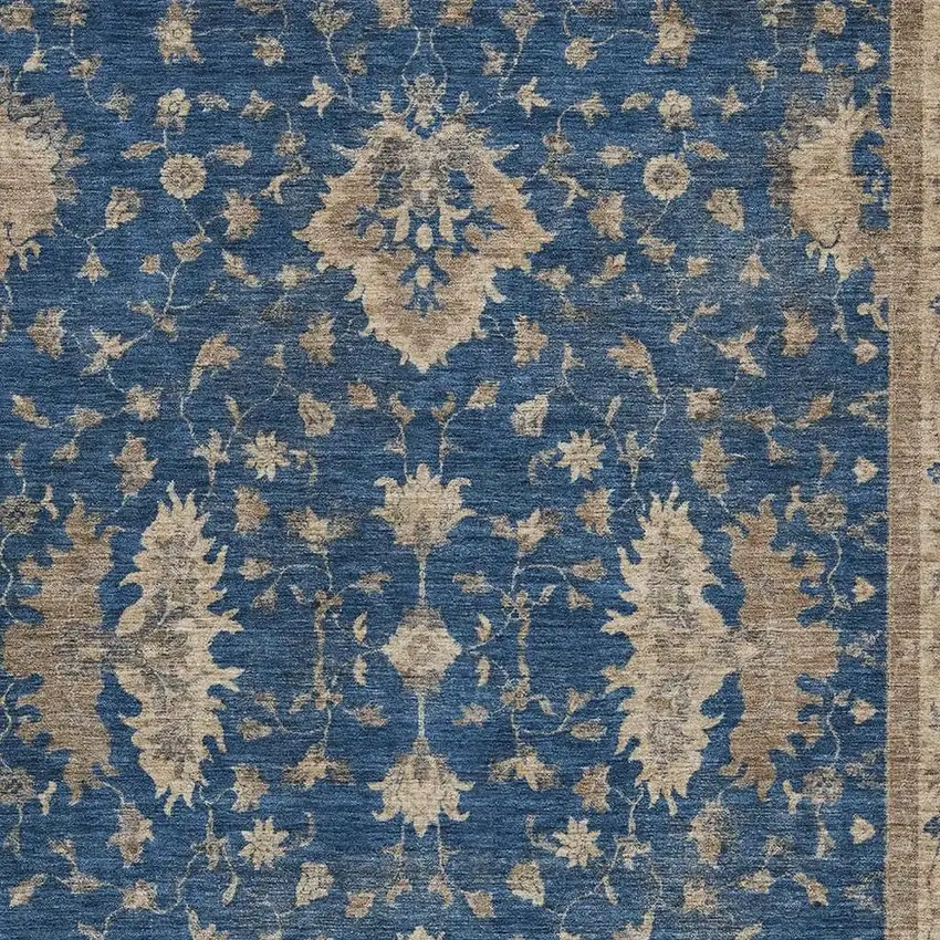 Navy Blue And Beige Floral Washable Indoor Outdoor Area Rug Photo 3