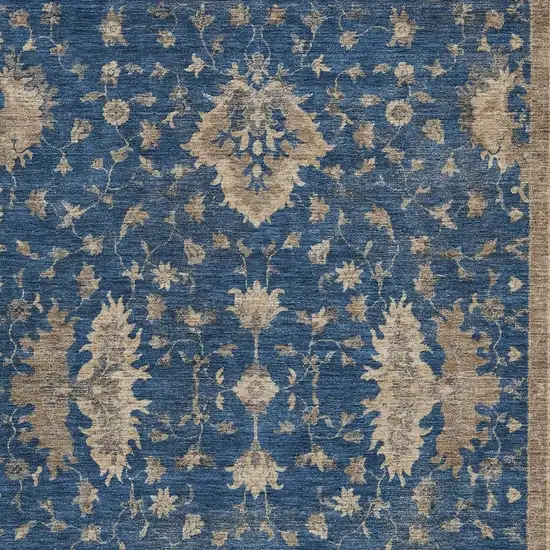 Navy Blue And Beige Floral Washable Indoor Outdoor Area Rug Photo 4