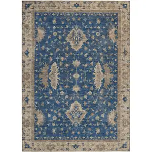 Photo of Navy Blue And Beige Floral Washable Indoor Outdoor Area Rug