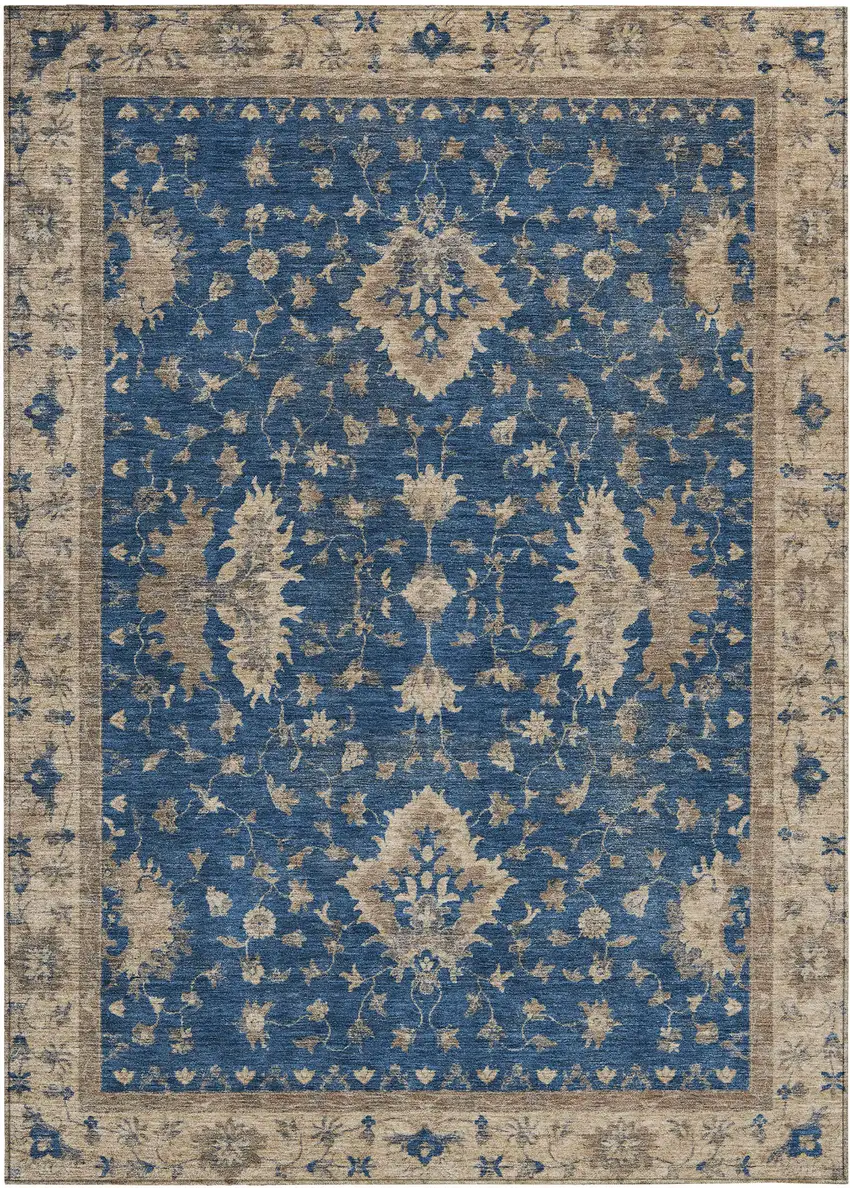 Navy Blue And Beige Floral Washable Indoor Outdoor Area Rug Photo 1