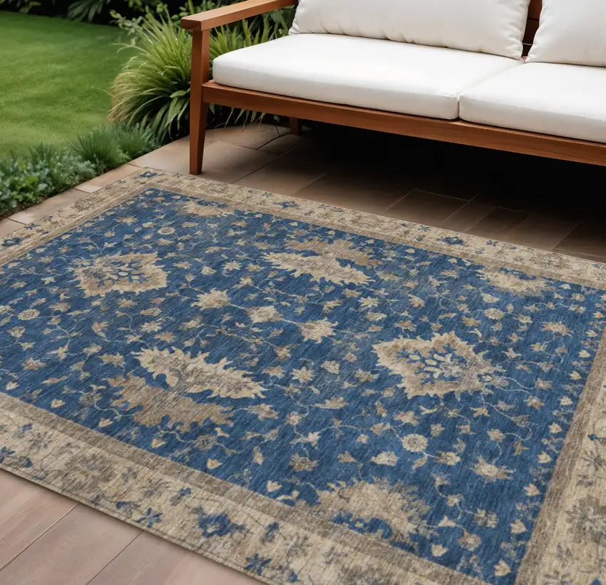 Navy Blue And Beige Floral Washable Indoor Outdoor Area Rug Photo 2