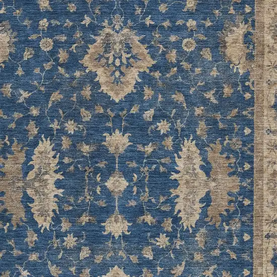 Navy Blue And Beige Floral Washable Indoor Outdoor Area Rug Photo 3