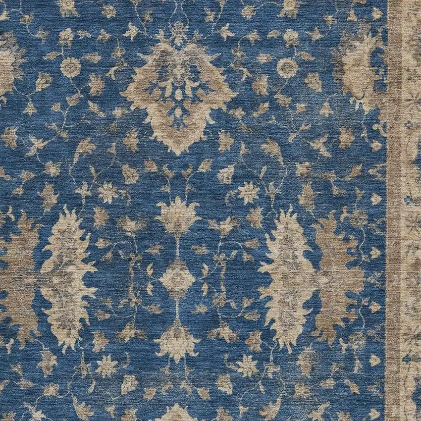 Navy Blue And Beige Floral Washable Indoor Outdoor Area Rug Photo 3