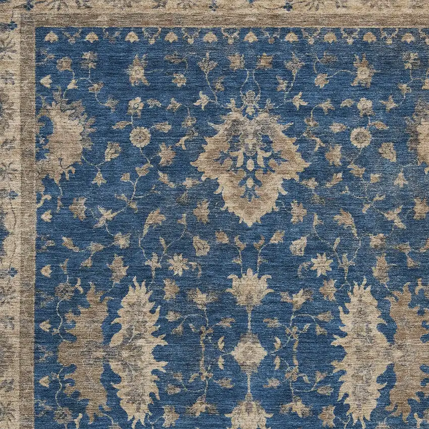 Navy Blue And Beige Floral Washable Indoor Outdoor Area Rug Photo 8