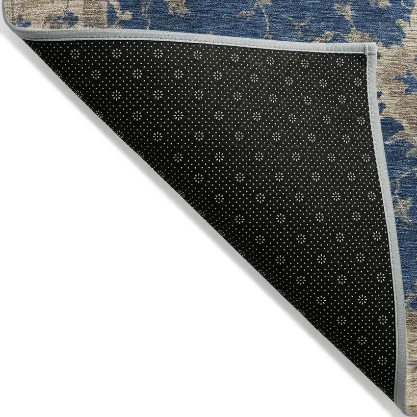 Navy Blue And Beige Floral Washable Indoor Outdoor Area Rug Photo 9