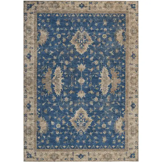 Navy Blue And Beige Floral Washable Indoor Outdoor Area Rug Photo 1