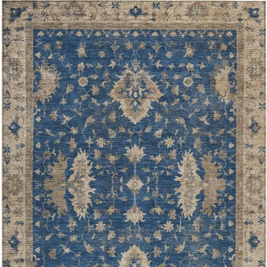 Navy Blue And Beige Floral Washable Indoor Outdoor Area Rug Photo 4