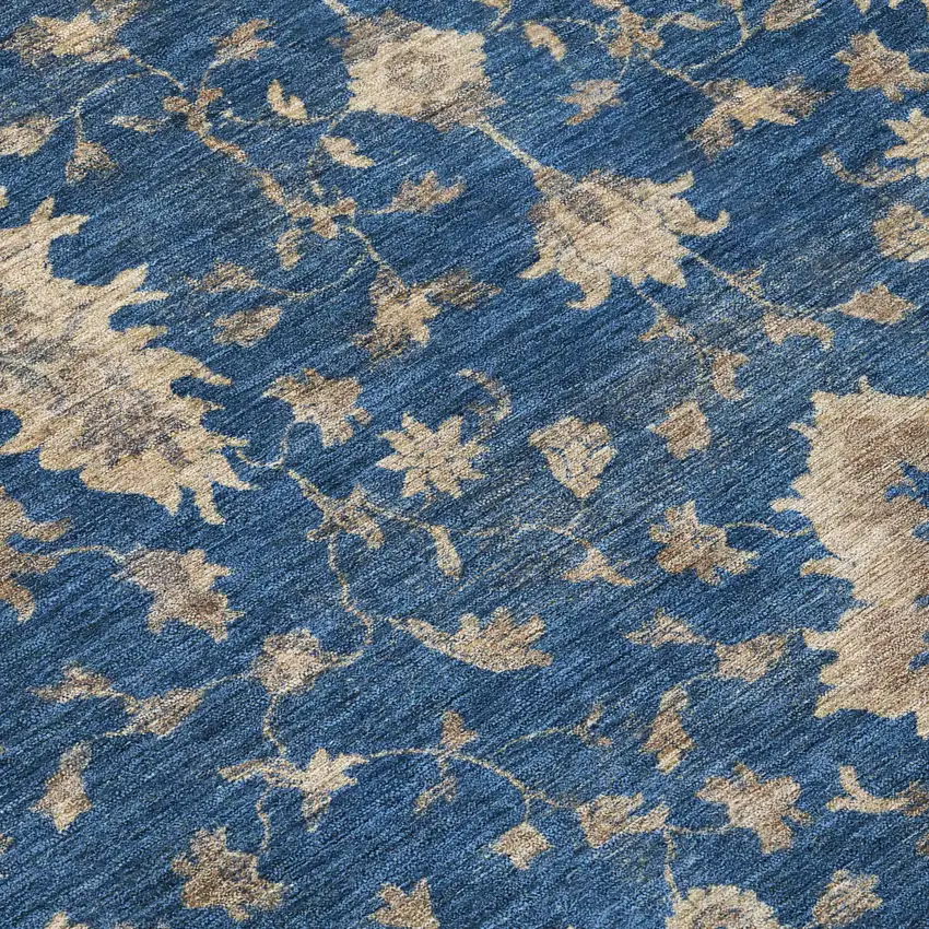 Navy Blue And Beige Floral Washable Indoor Outdoor Area Rug Photo 7