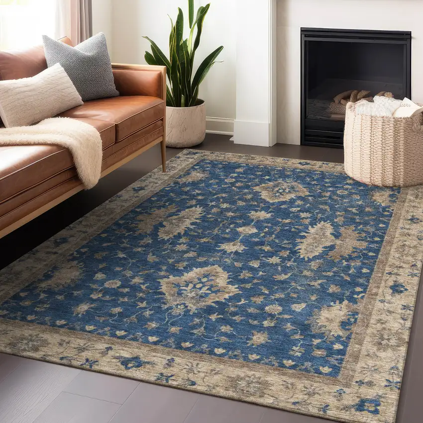 Navy Blue And Beige Floral Washable Indoor Outdoor Area Rug Photo 6