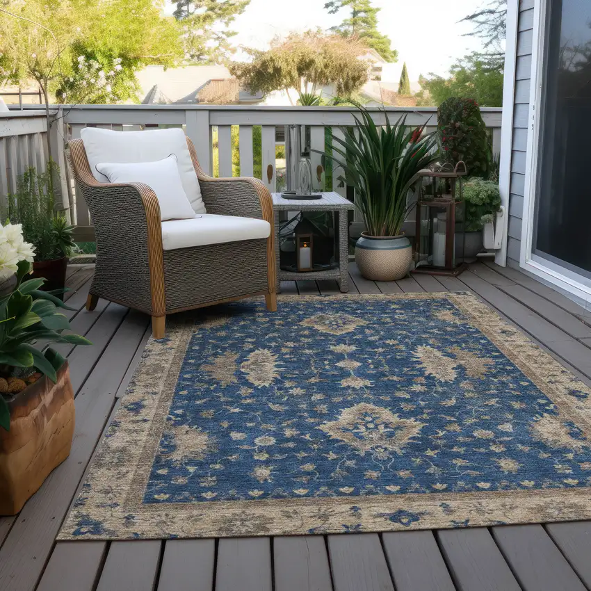 Navy Blue And Beige Floral Washable Indoor Outdoor Area Rug Photo 5