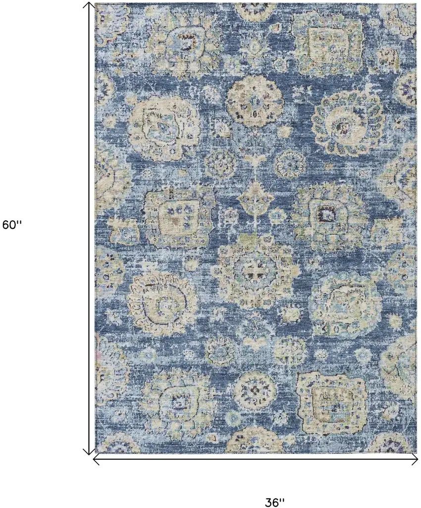 Navy Blue And Beige Floral Washable Indoor Outdoor Area Rug Photo 3