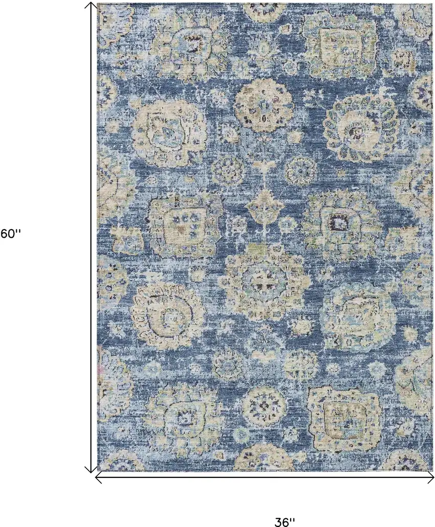 Navy Blue And Beige Floral Washable Indoor Outdoor Area Rug Photo 3
