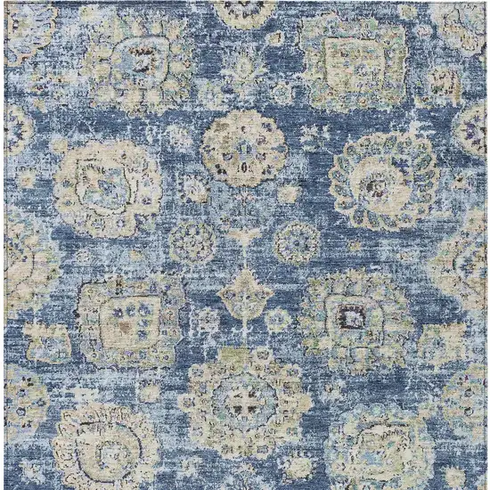 Navy Blue And Beige Floral Washable Indoor Outdoor Area Rug Photo 6