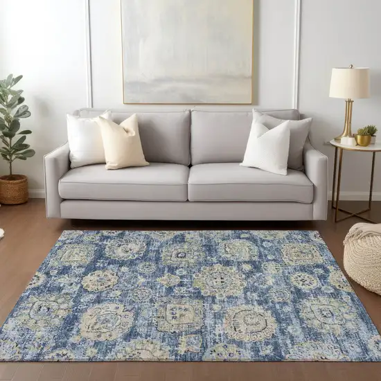 Navy Blue And Beige Floral Washable Indoor Outdoor Area Rug Photo 8
