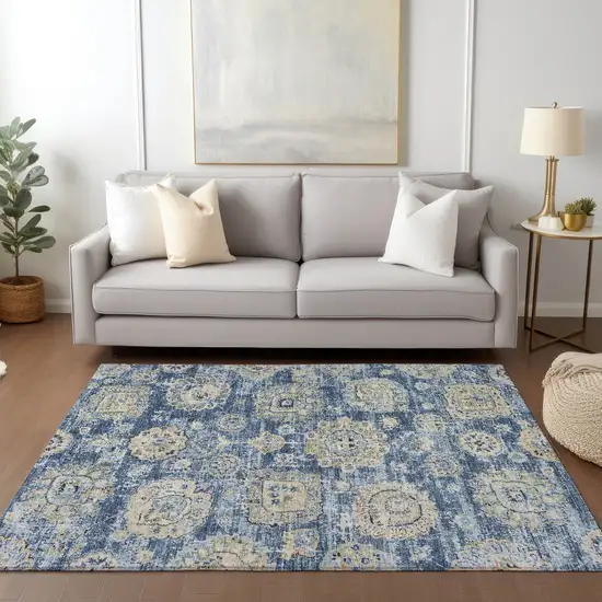 Navy Blue And Beige Floral Washable Indoor Outdoor Area Rug Photo 8