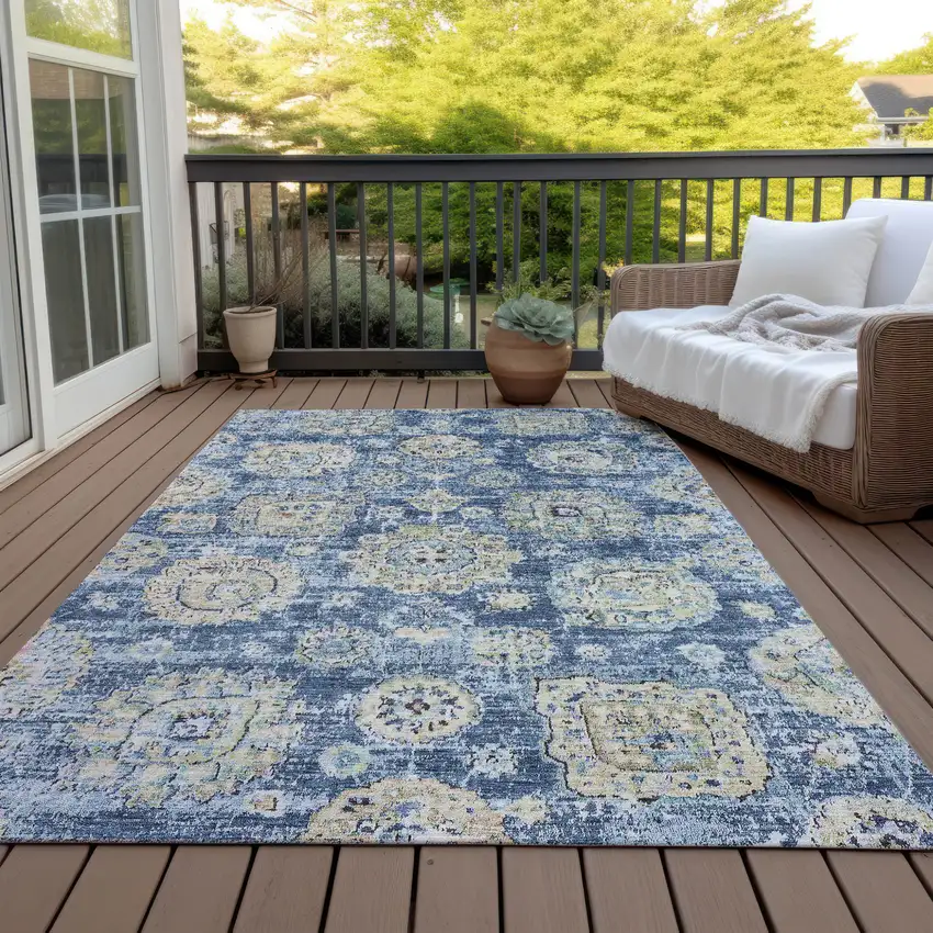 Navy Blue And Beige Floral Washable Indoor Outdoor Area Rug Photo 9
