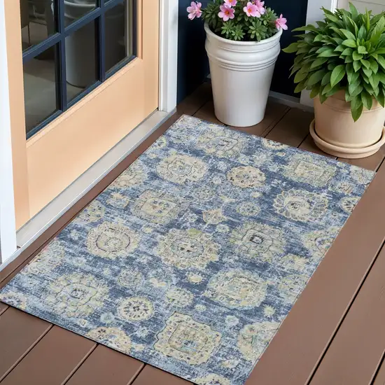 Navy Blue And Beige Floral Washable Indoor Outdoor Area Rug Photo 1