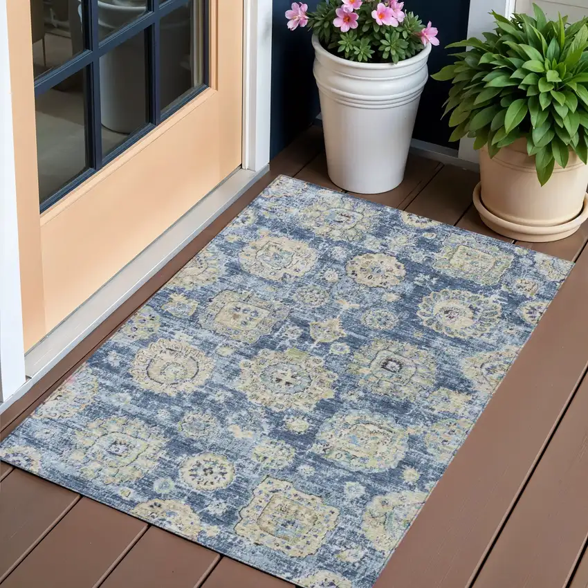 Navy Blue And Beige Floral Washable Indoor Outdoor Area Rug Photo 1