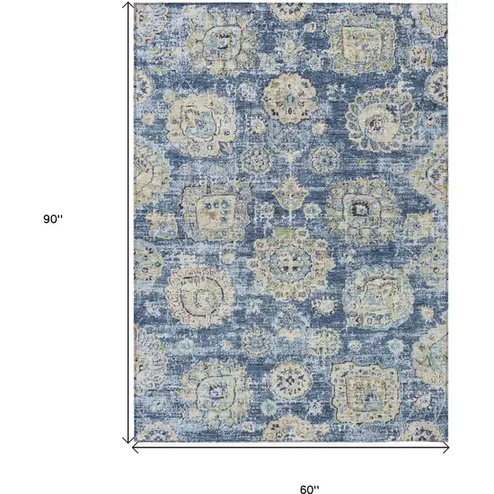 Navy Blue And Beige Floral Washable Indoor Outdoor Area Rug Photo 3