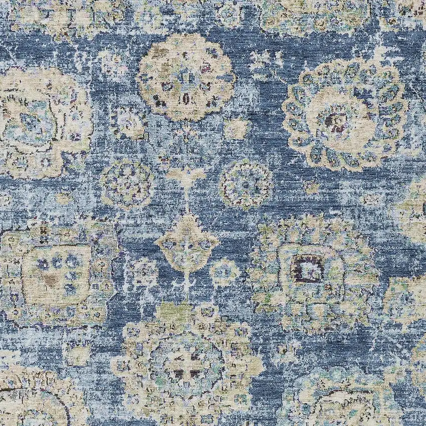 Navy Blue And Beige Floral Washable Indoor Outdoor Area Rug Photo 4
