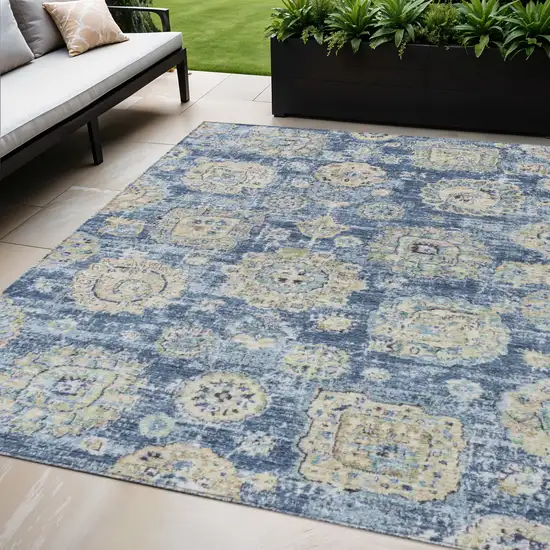 Navy Blue And Beige Floral Washable Indoor Outdoor Area Rug Photo 1