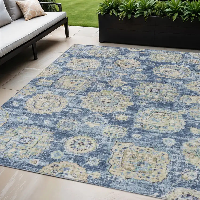 Navy Blue And Beige Floral Washable Indoor Outdoor Area Rug Photo 1