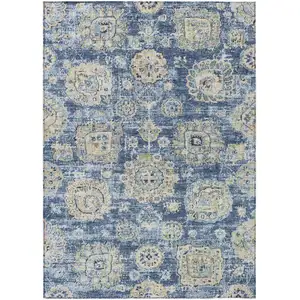 Photo of Navy Blue And Beige Floral Washable Indoor Outdoor Area Rug