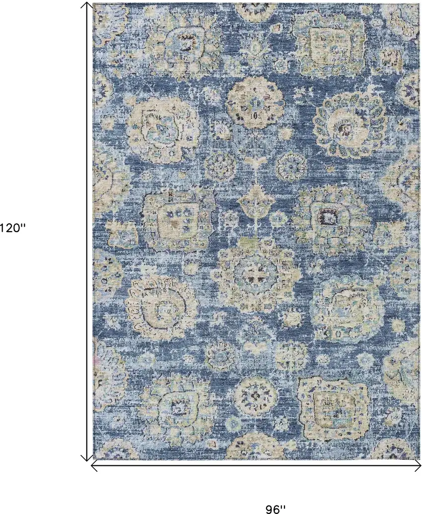 Navy Blue And Beige Floral Washable Indoor Outdoor Area Rug Photo 3