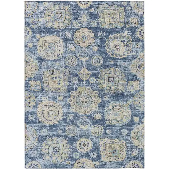 Navy Blue And Beige Floral Washable Indoor Outdoor Area Rug Photo 1