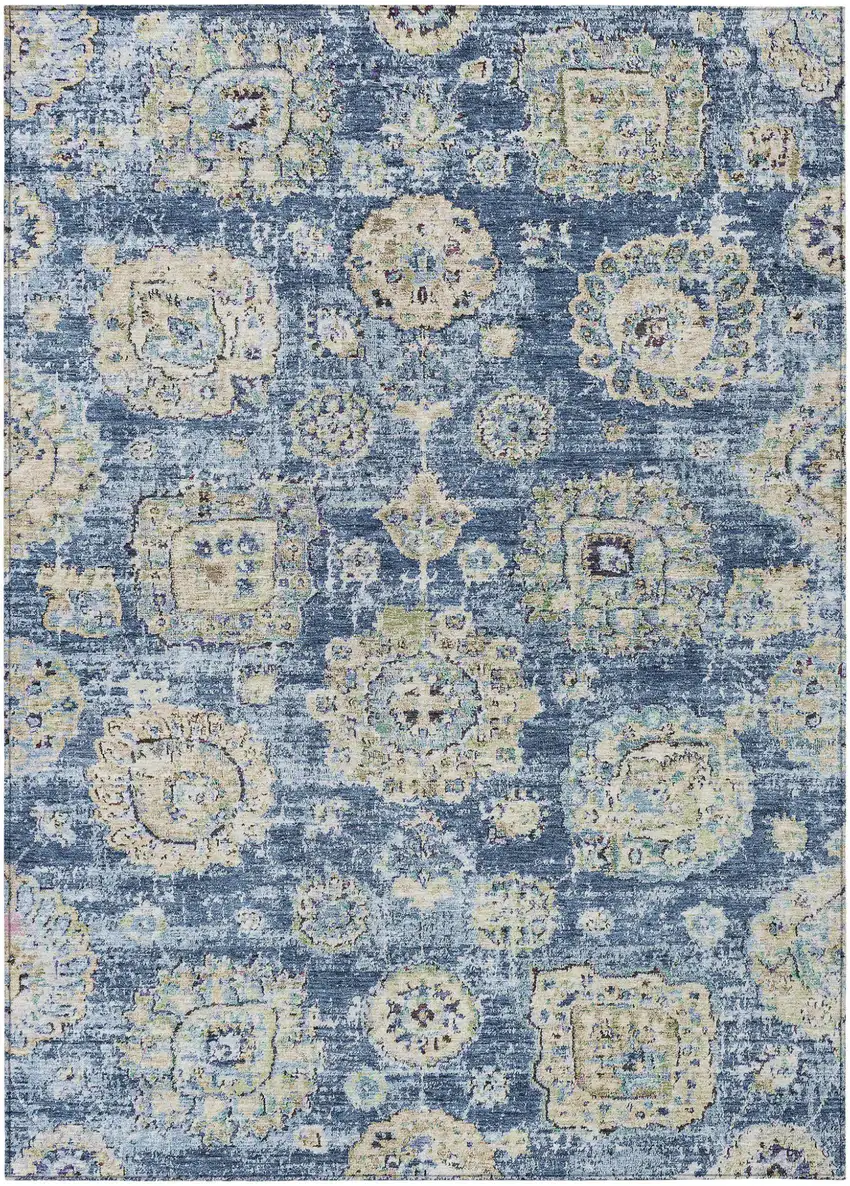 Navy Blue And Beige Floral Washable Indoor Outdoor Area Rug Photo 1
