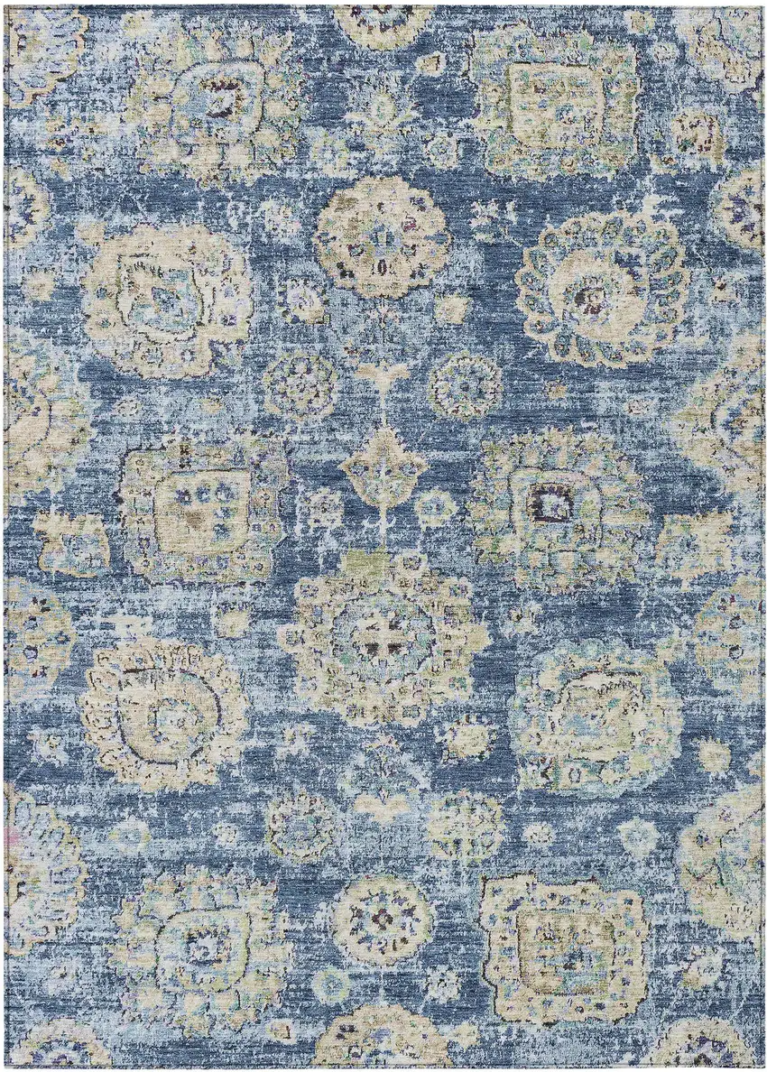 Navy Blue And Beige Floral Washable Indoor Outdoor Area Rug Photo 1