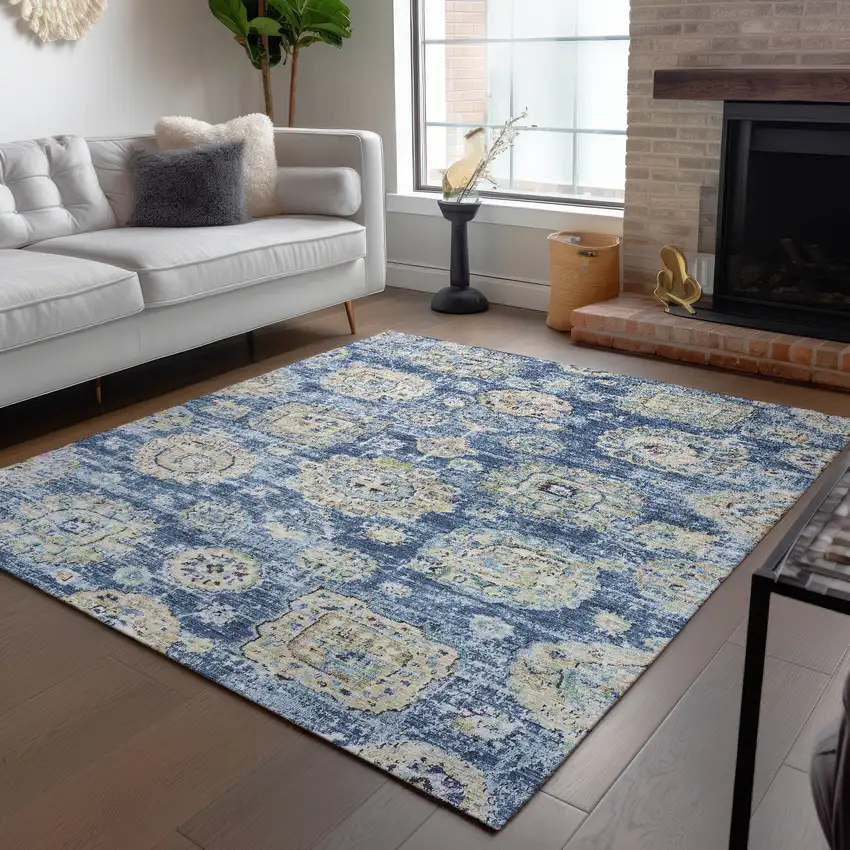 Navy Blue And Beige Floral Washable Indoor Outdoor Area Rug Photo 8