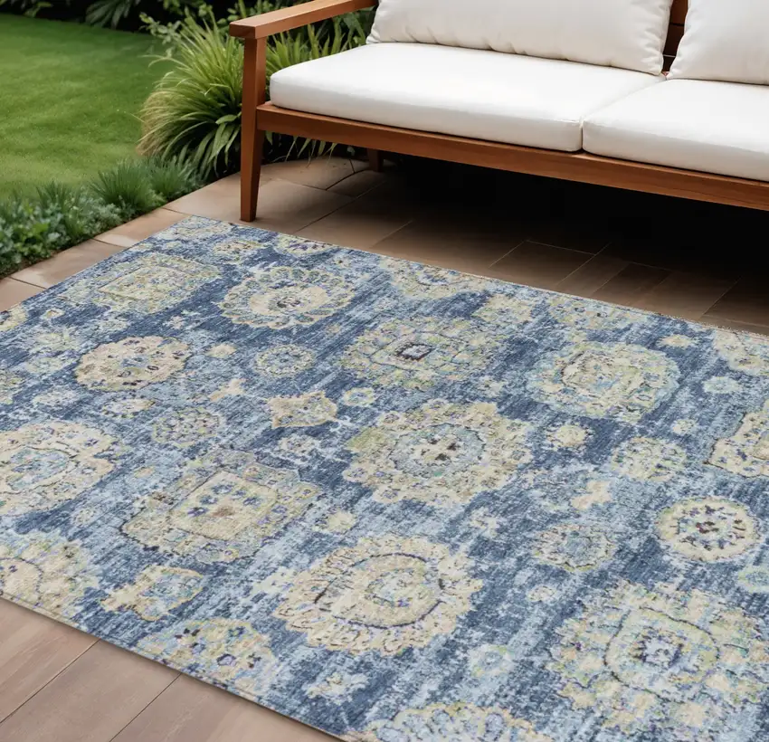 Navy Blue And Beige Floral Washable Indoor Outdoor Area Rug Photo 1