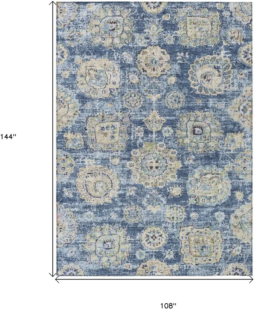 Navy Blue And Beige Floral Washable Indoor Outdoor Area Rug Photo 3