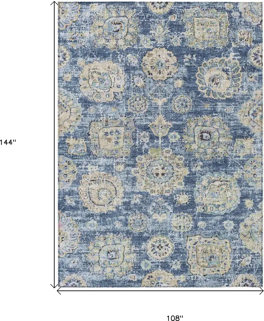Navy Blue And Beige Floral Washable Indoor Outdoor Area Rug Photo 3