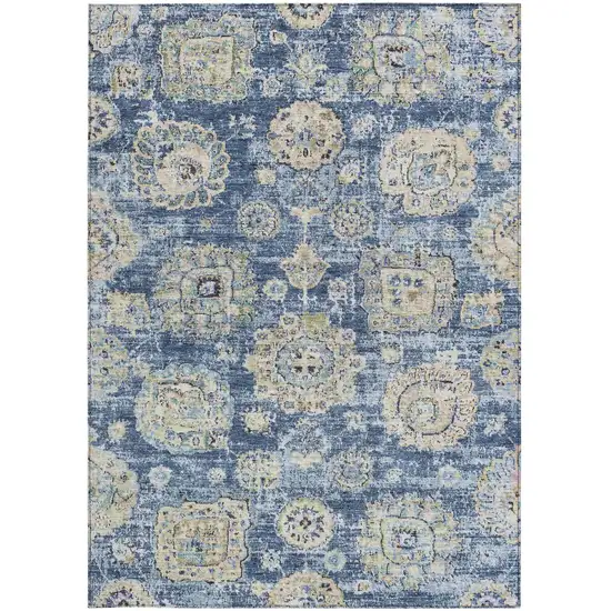 Navy Blue And Beige Floral Washable Indoor Outdoor Area Rug Photo 6