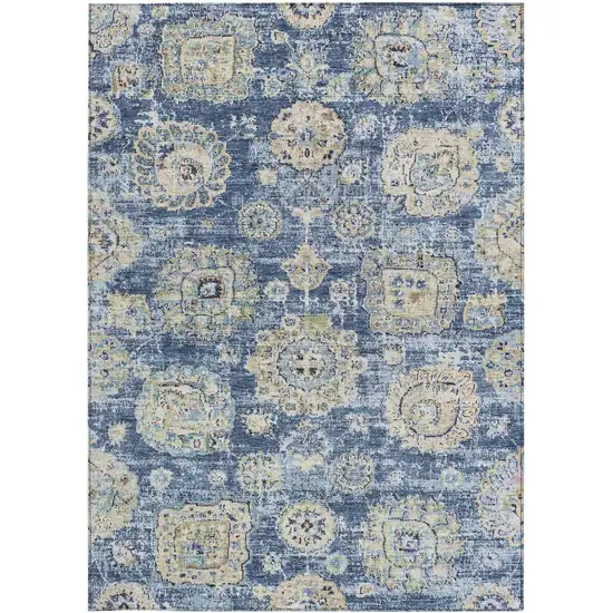 Navy Blue And Beige Floral Washable Indoor Outdoor Area Rug Photo 6