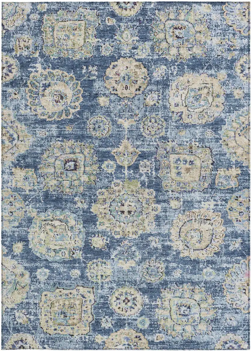 Navy Blue And Beige Floral Washable Indoor Outdoor Area Rug Photo 6