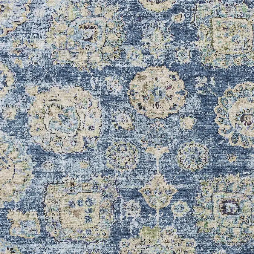 Navy Blue And Beige Floral Washable Indoor Outdoor Area Rug Photo 4