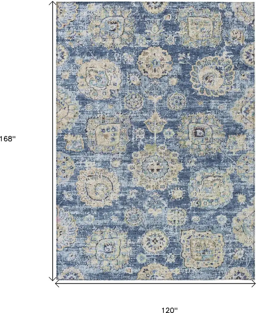 Navy Blue And Beige Floral Washable Indoor Outdoor Area Rug Photo 3