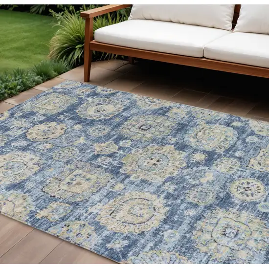 Navy Blue And Beige Floral Washable Indoor Outdoor Area Rug Photo 1
