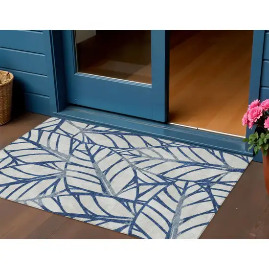 Navy Blue And Beige Floral Washable Indoor Outdoor Area Rug Photo 1
