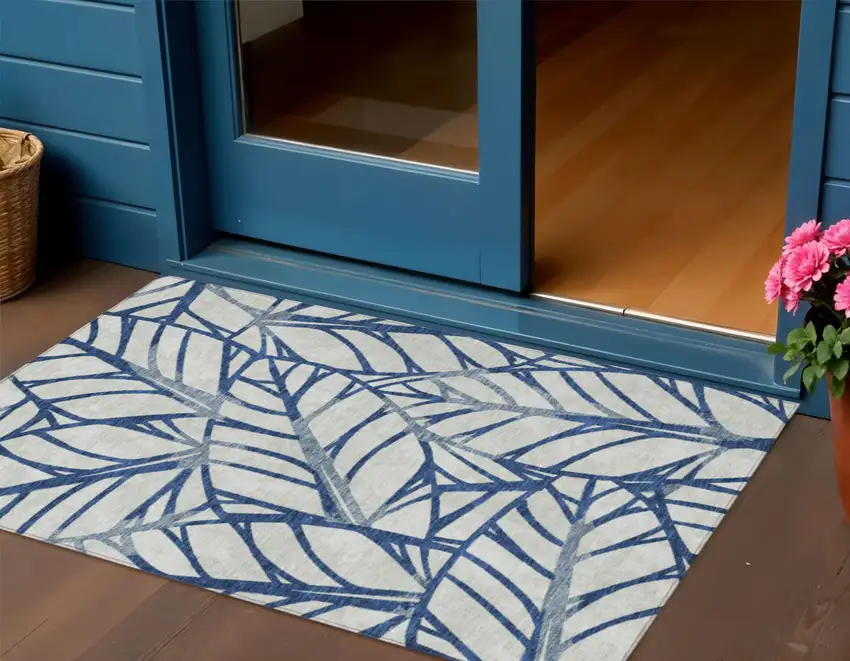 Navy Blue And Beige Floral Washable Indoor Outdoor Area Rug Photo 1