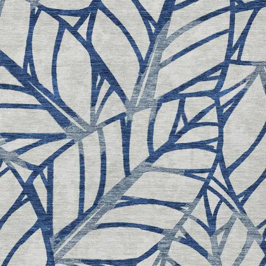 Navy Blue And Beige Floral Washable Indoor Outdoor Area Rug Photo 5