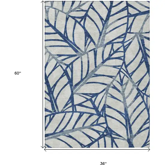 Navy Blue And Beige Floral Washable Indoor Outdoor Area Rug Photo 3